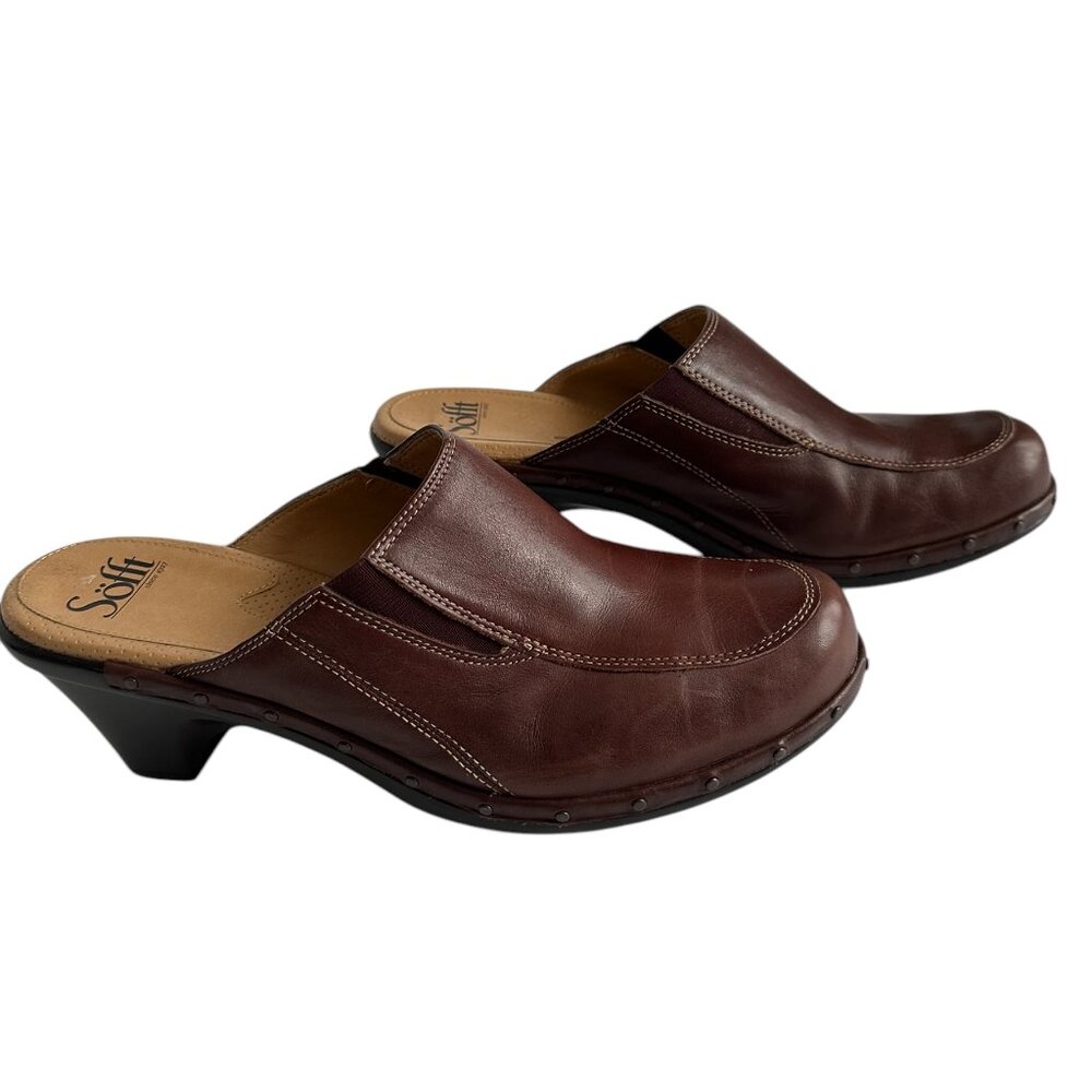 Sofft brown leather mule clog studded detail Sz8